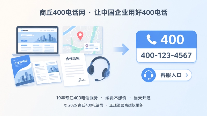 400电话选号后维护公开信息的左图右文扁平插画，左侧公开信息模块连接右侧统一客服入口。